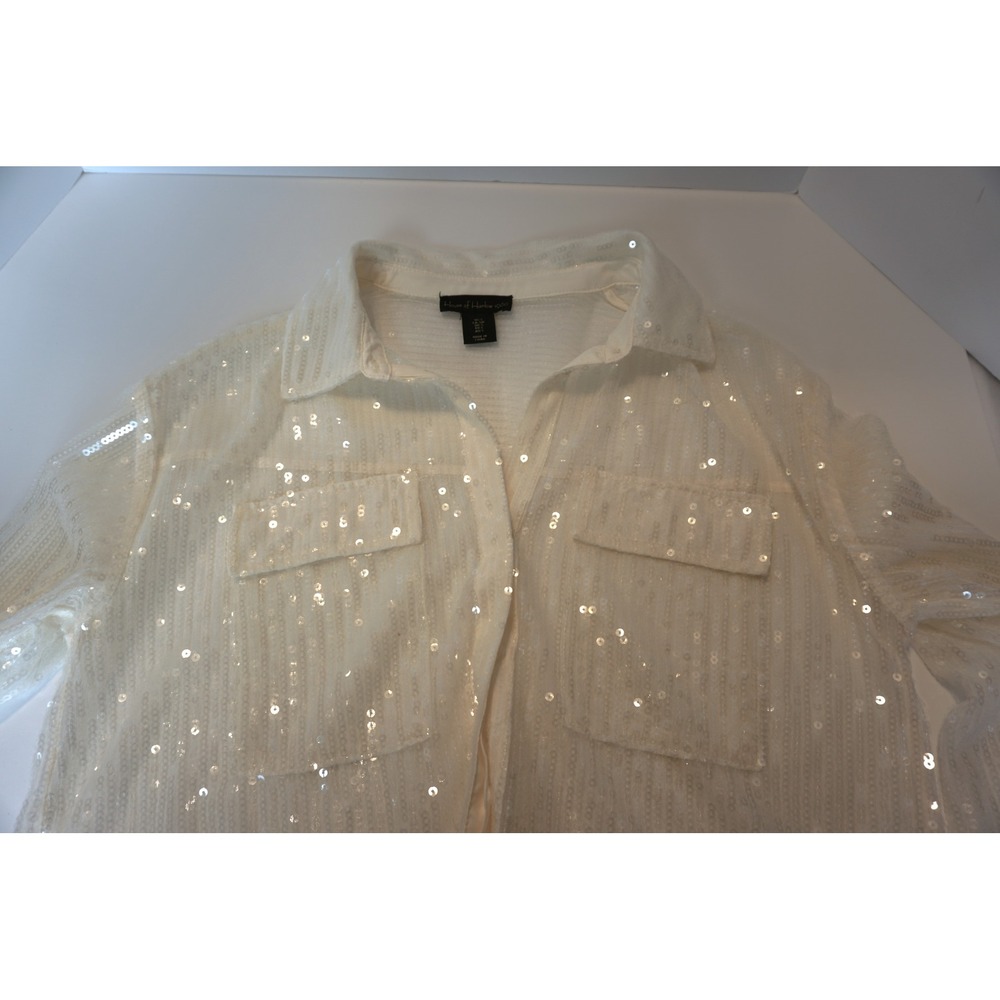 House of Harlow 1960 White Sequin Mesh Button Down Shirt Small Striped Party Top - Picture 4 of 7